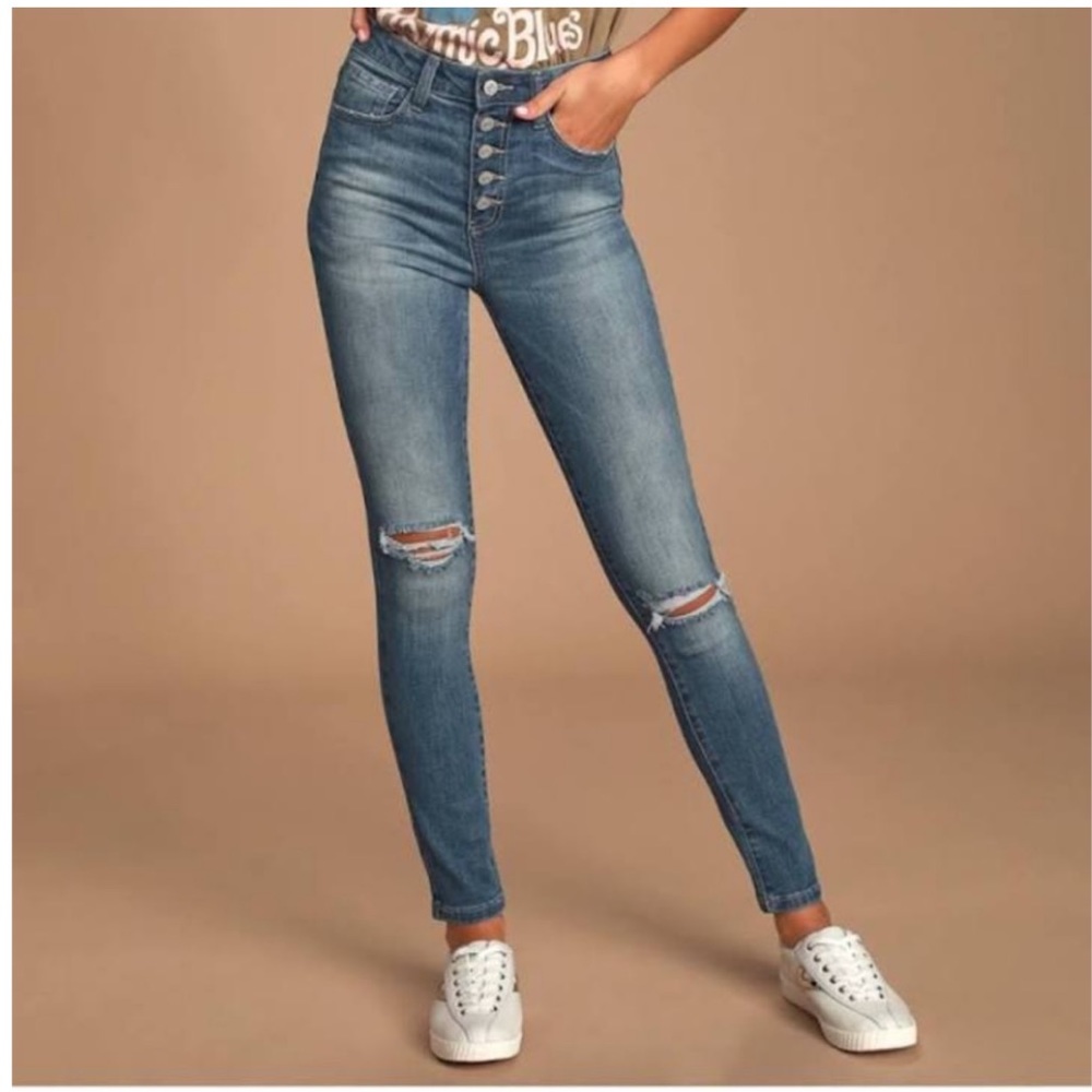 TRICOT HIGH RISE DISTRESSED SKINNY JEANS